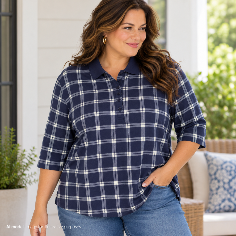 Lands End Shirt Women 1X 16W 18W Blue Gingham Plaid Country Cotton Collared Polo